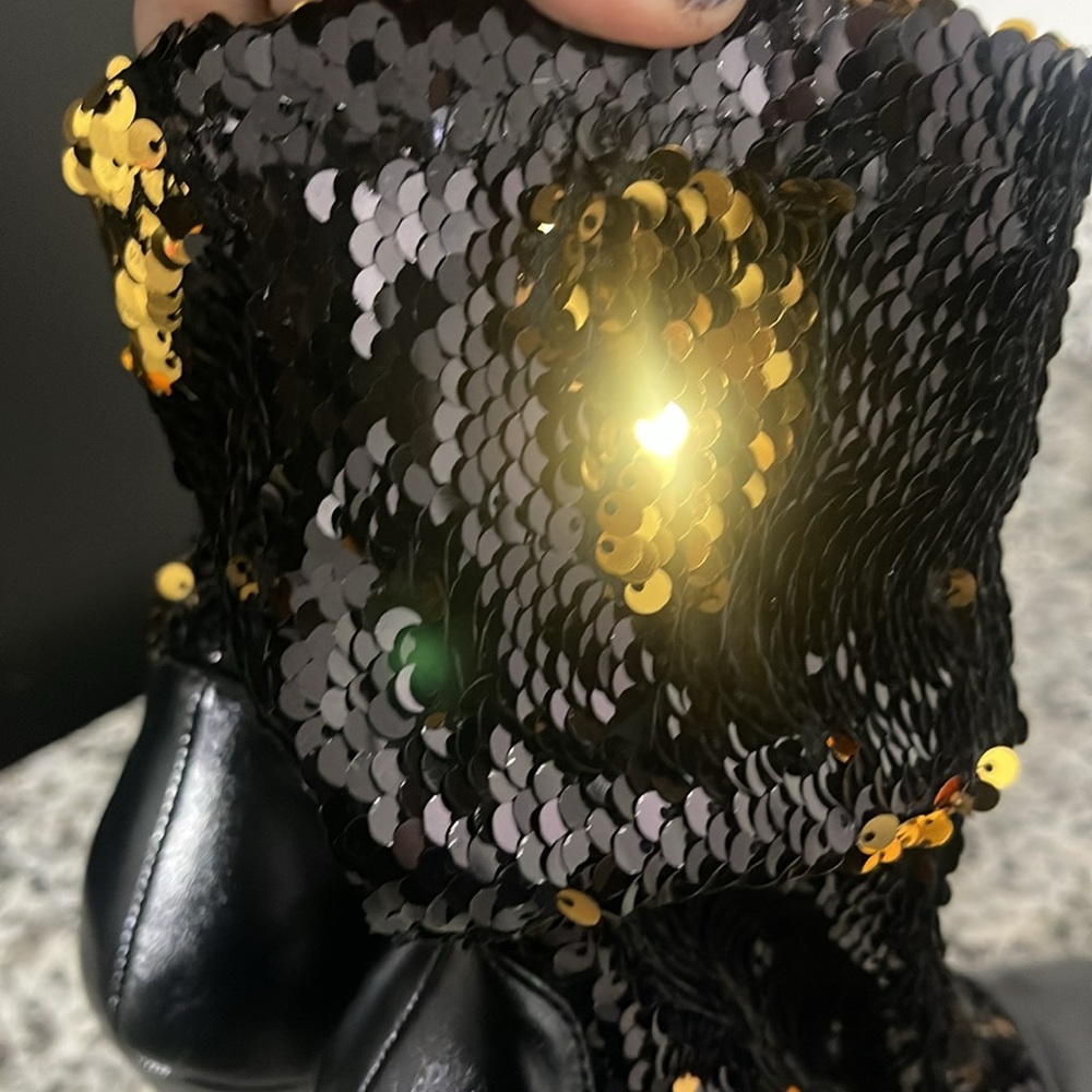 LILIANA SLOUCH SEQUIN POINTY BOOT SIZE 7 1/2 Black Gold. 4.5 inch heel Stilettos - Picture 17 of 17